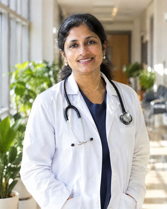 Portrait of a smiling doctor in a white coat with a stethoscope