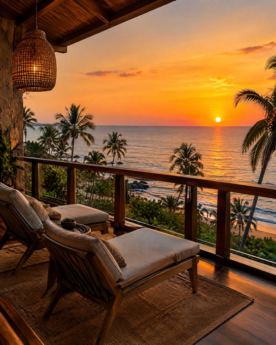 Upper-floor balcony with two loungers overlooking the sea at sunset