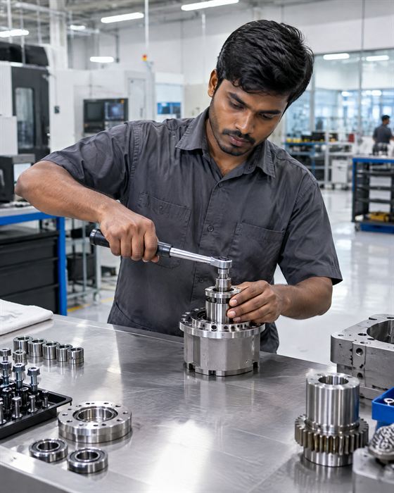 Technician torquing a precision sub-assembly on a steel bench