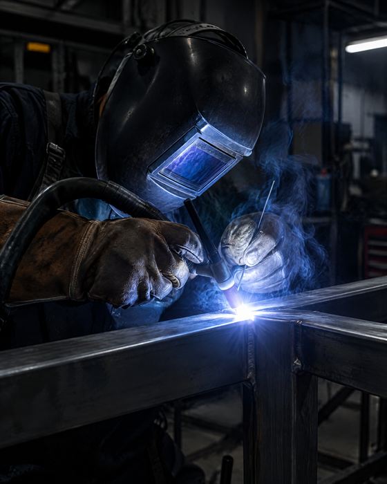 Welder TIG-welding a steel frame under blue arc light