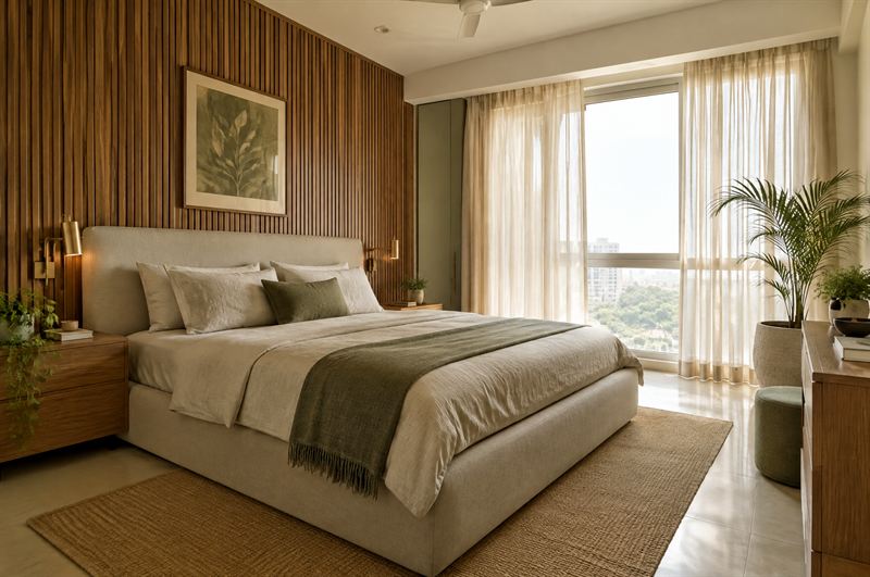 Calm master bedroom with linen bedding and a timber slatted wall
