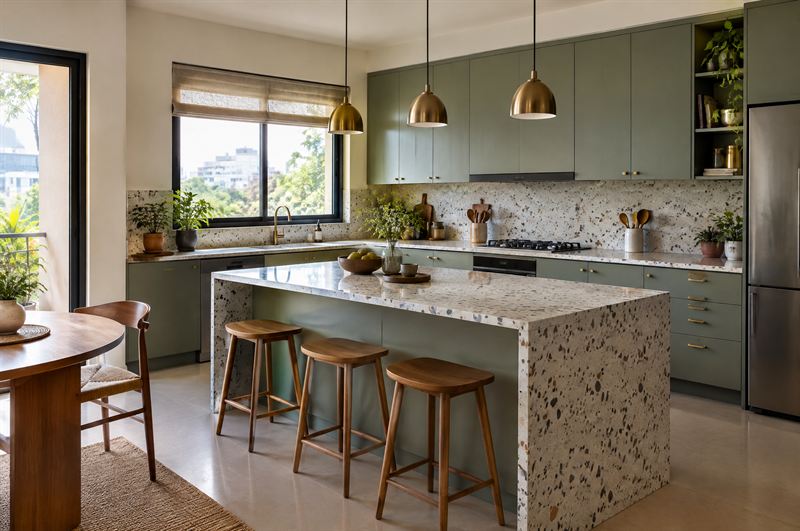 Open kitchen with sage cabinets and a terrazzo island